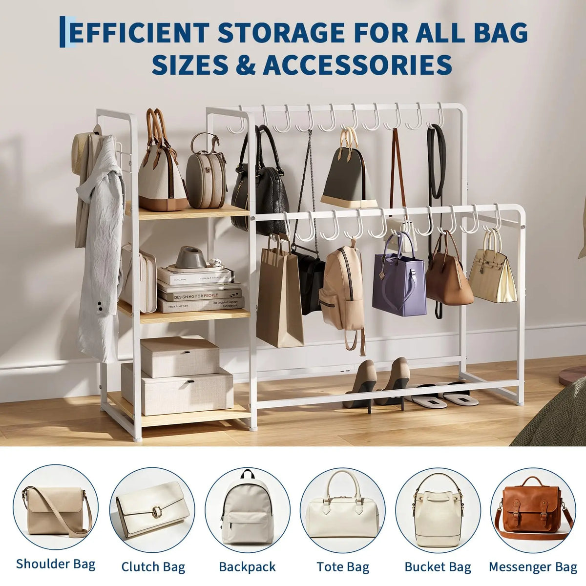 3 Tier Purse Organizer Rack For Closet With 20 Handbag Hangers, Side Hooks, Wheels And Wood Shelves For Bedroom Entryway Storage