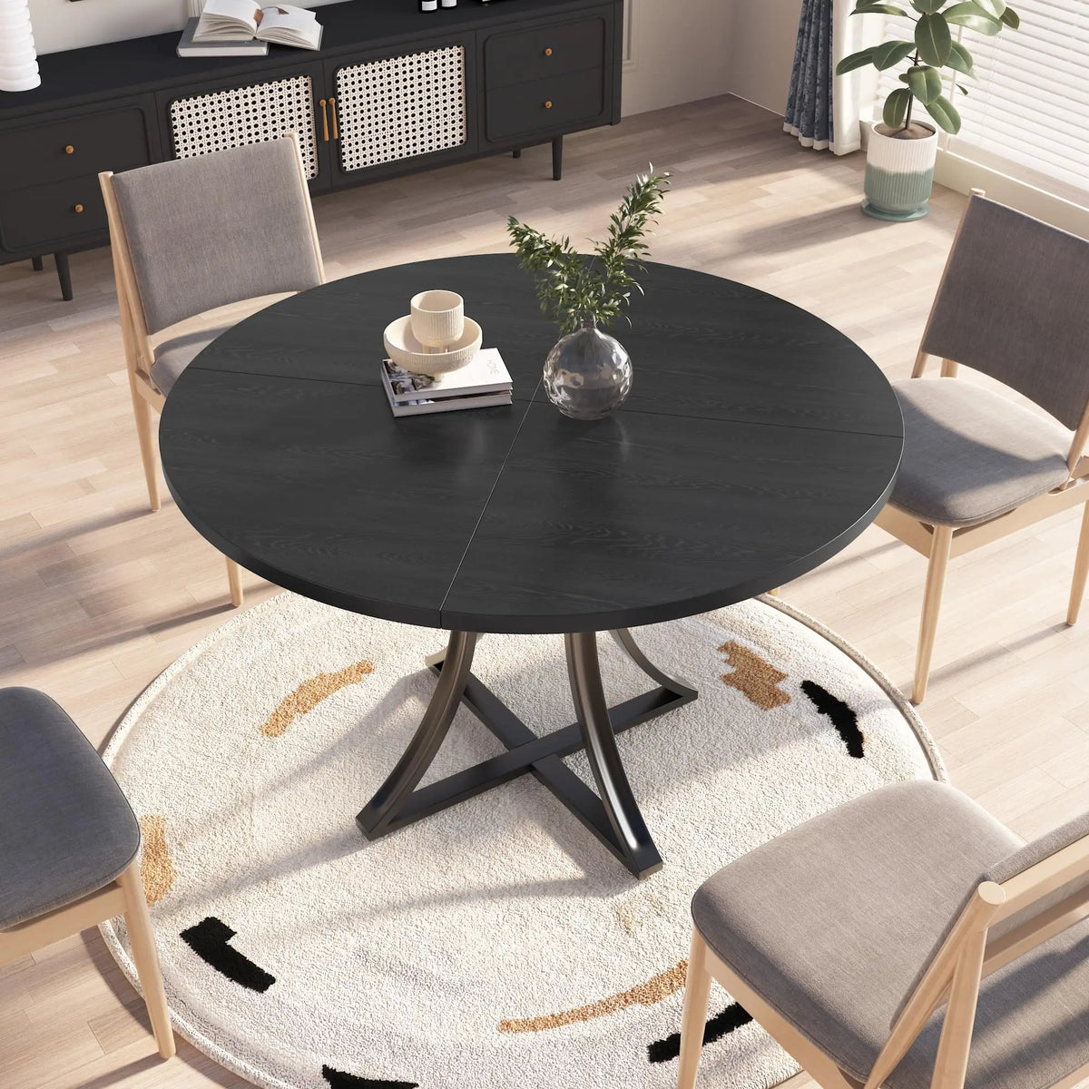 Modern Round Dining Table With Wooden Pedestal Base For Home