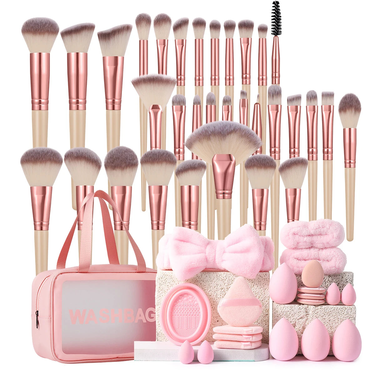 Complete Makeup Brush Set With Sponges, Puffs And Cosmetic Bag