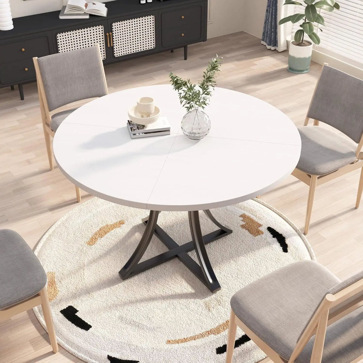 Modern Round Dining Table With Wooden Pedestal Base For Home
