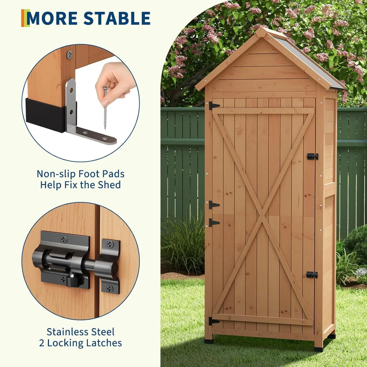 Outdoor Wooden Storage Cabinet Garden Tool Shed with Lockable Door Shelves Waterproof Sloped Roof Raised Base Vertical Organizer for Patio Backyard Yard Lawn Equipment and Garden Supplies