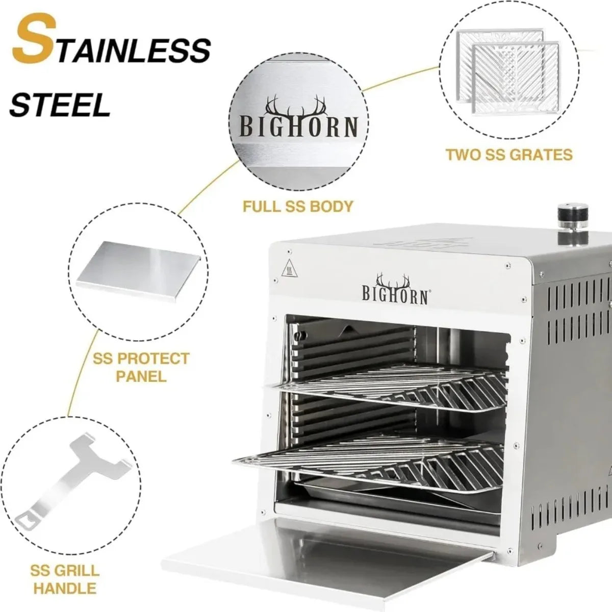 1500°F Small Infrared Propane Grill Portable Steak Broiler Sear Station Outdoor Salamander BBQ with Pizza Stone Stainless Steel