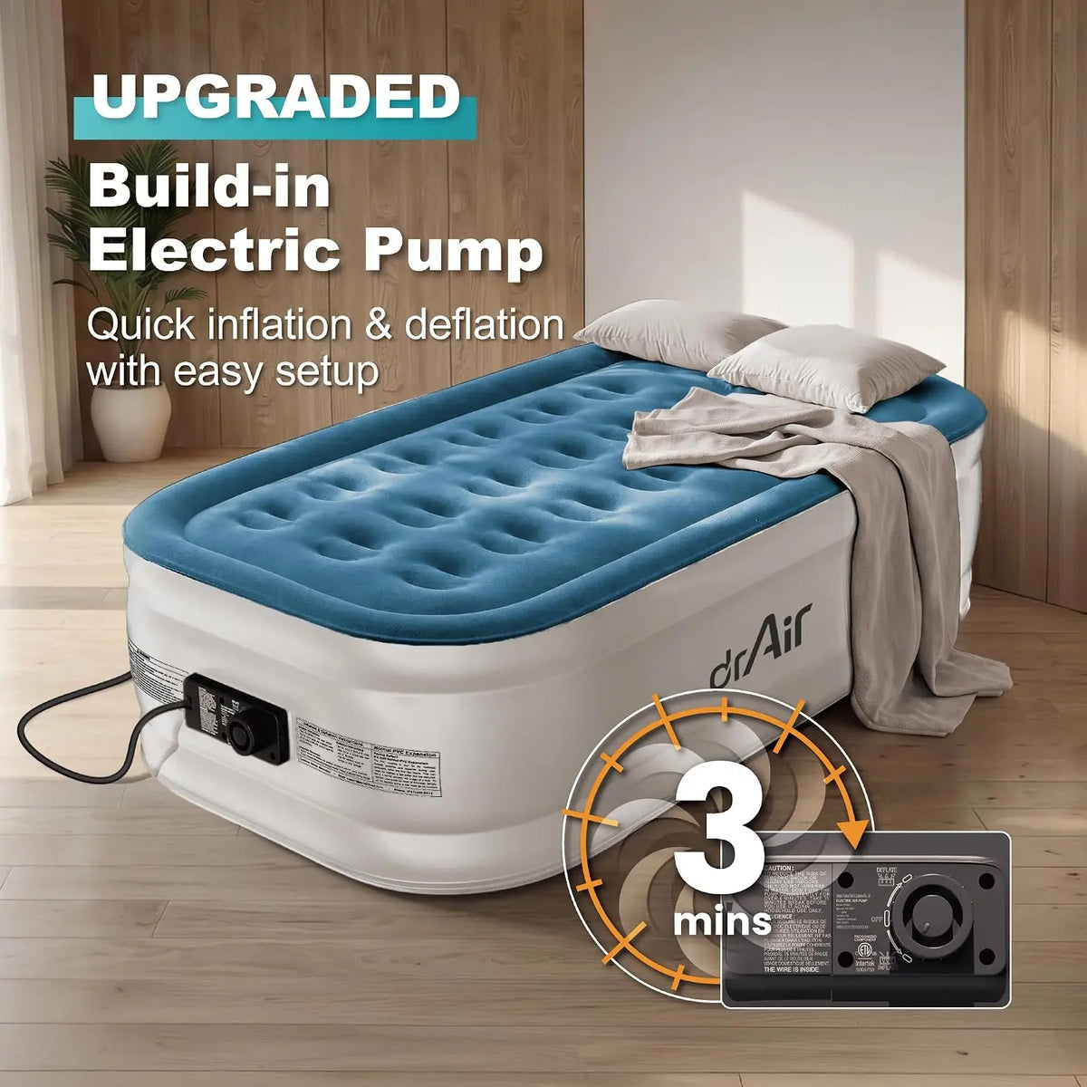 Twin Air Mattress with Built-in Pump, 18" Raised Blow Up Mattress, 500 lbs Max Honeycomb Air Bed, 48Hr Leak-Proof Test, 3min Inflatable Mattress for Home, Guests, Camping, Colchones inflables