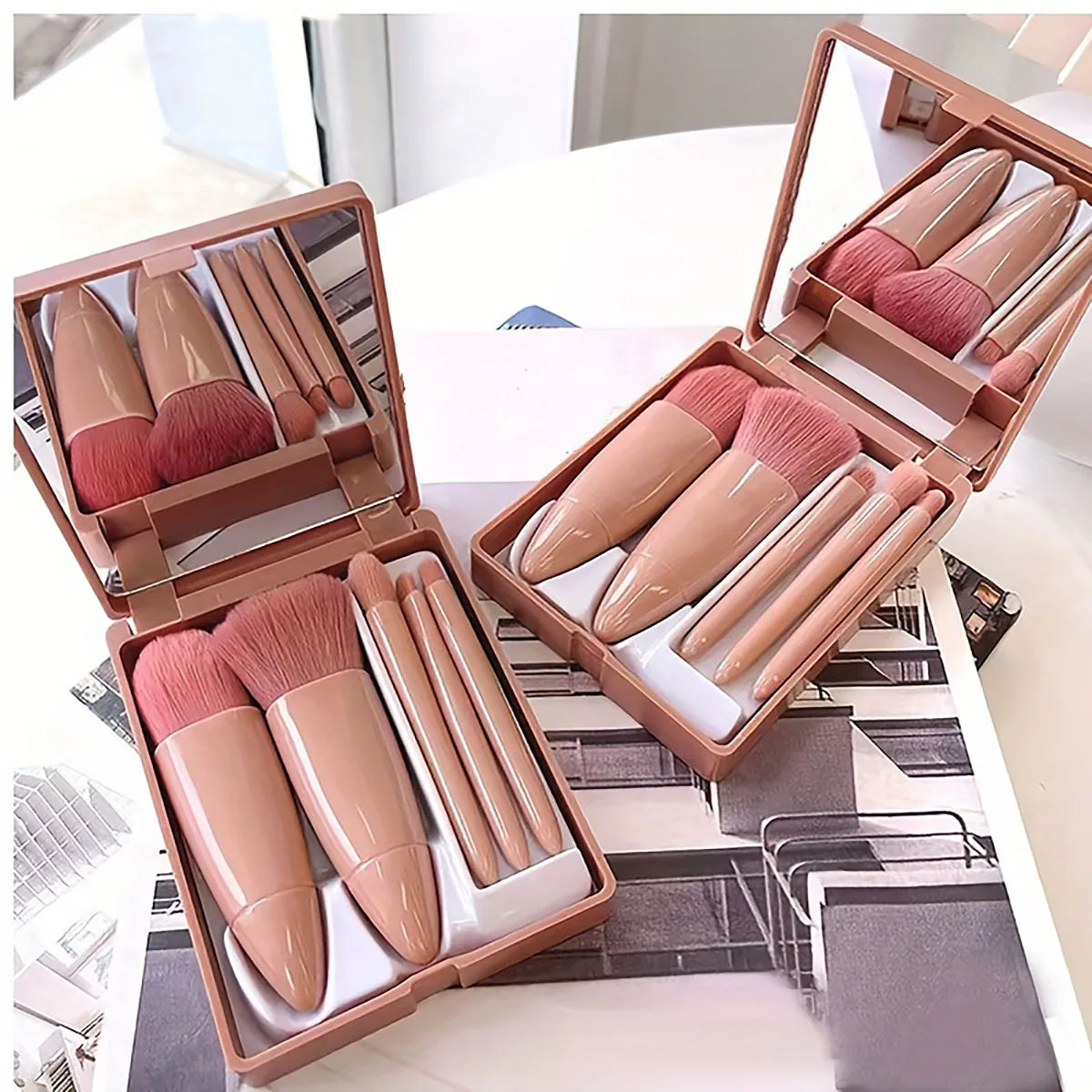 Portable Makeup Brush Set With Mirror For Travel Use