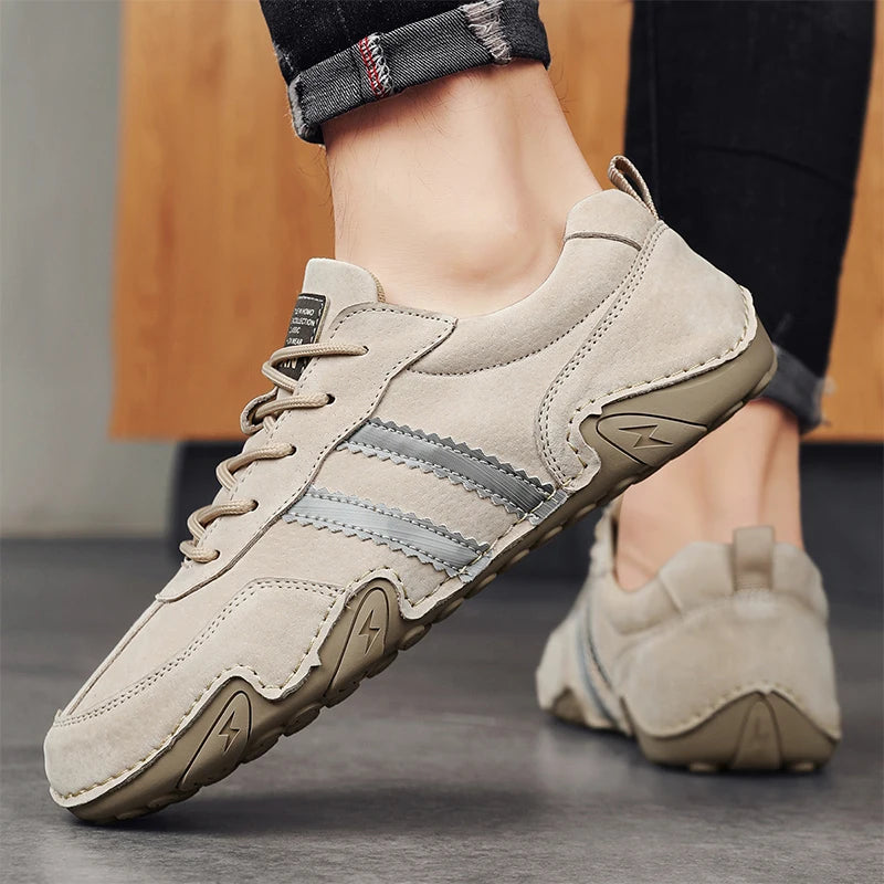 2027 New Shoes for Men Leather Casual Shoes Spring New Style Fashion Striped Lace-Up Loafers Leisure Flat Shoes Tenis Masculino