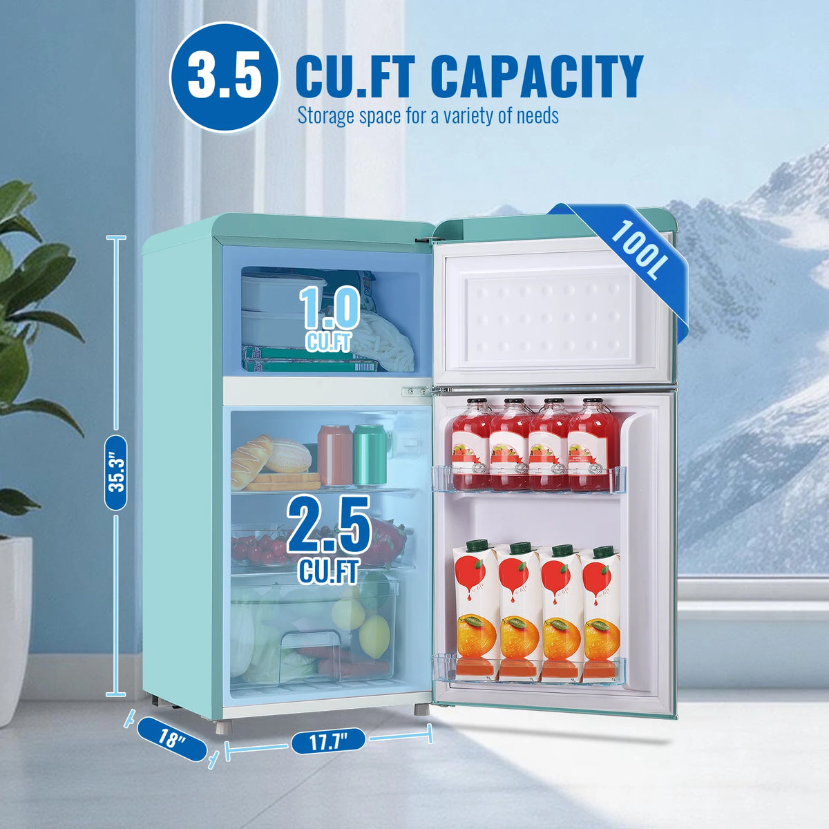 DEMULLER 3.5 Cu.ft Mini Fridge with Double Door Small Refrigerator Drinks Holder Apartment Size