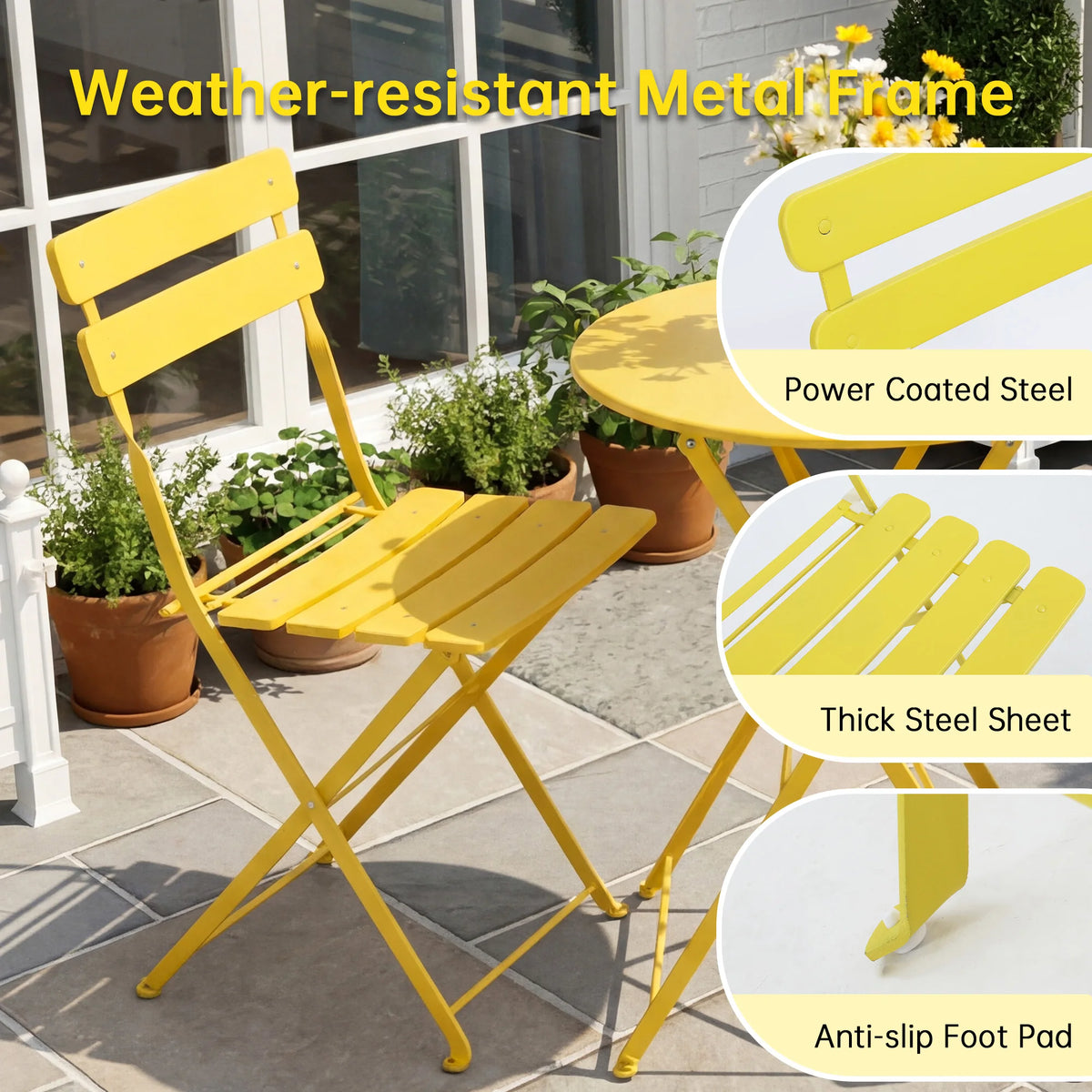 3‑Piece Folding Steel Bistro Set, Weather‑Resistant Patio Table & 2 Chairs, Outdoor Indoor Furniture for Balcony Garden Yard Poolside