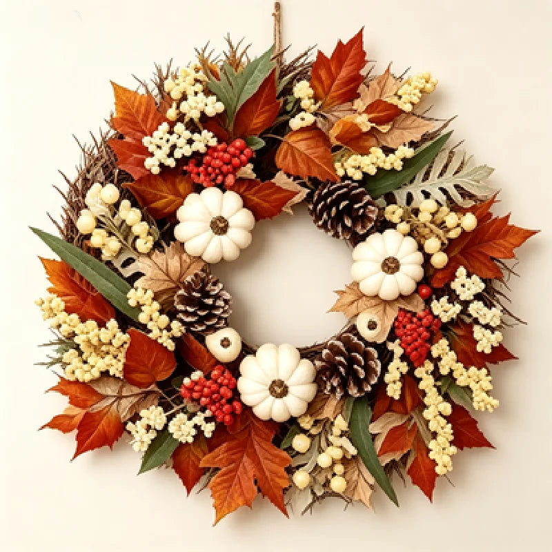 Autumn Harvest Wreath With Pumpkins, Pinecones, Maple Leaves And Berries