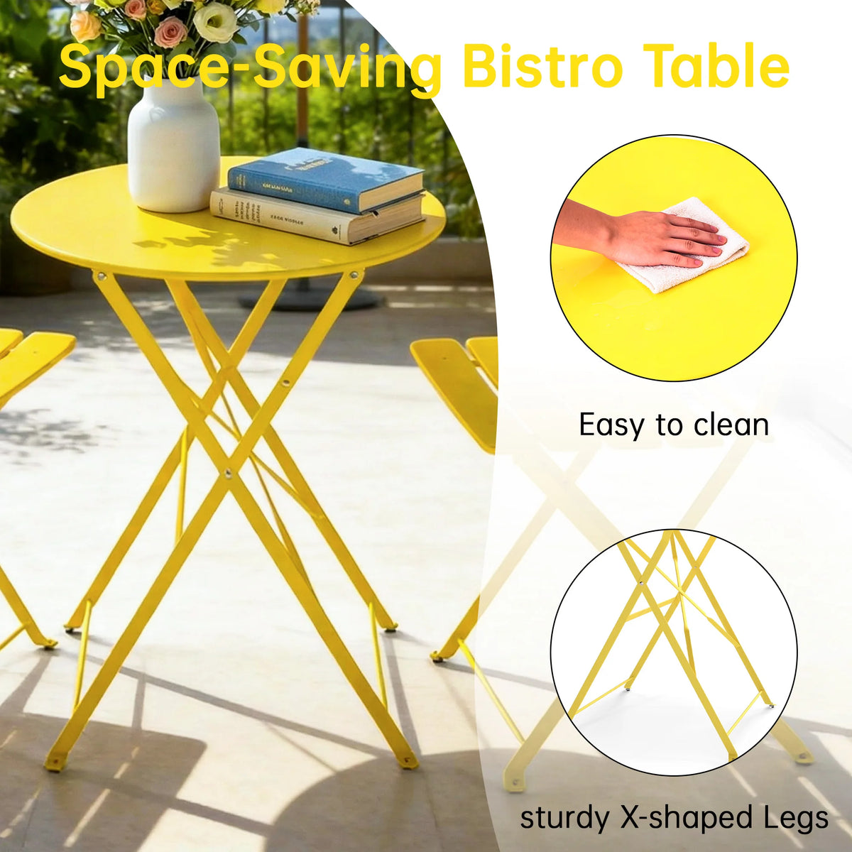 3‑Piece Folding Steel Bistro Set, Weather‑Resistant Patio Table & 2 Chairs, Outdoor Indoor Furniture for Balcony Garden Yard Poolside