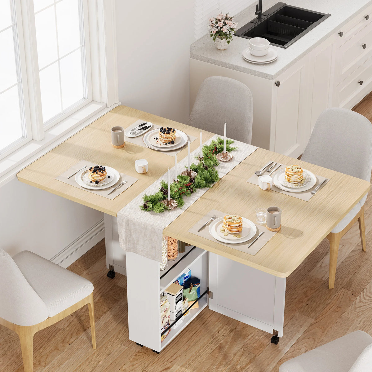 HiMISS Folding Dining Table With Storage Drawer And Shelves