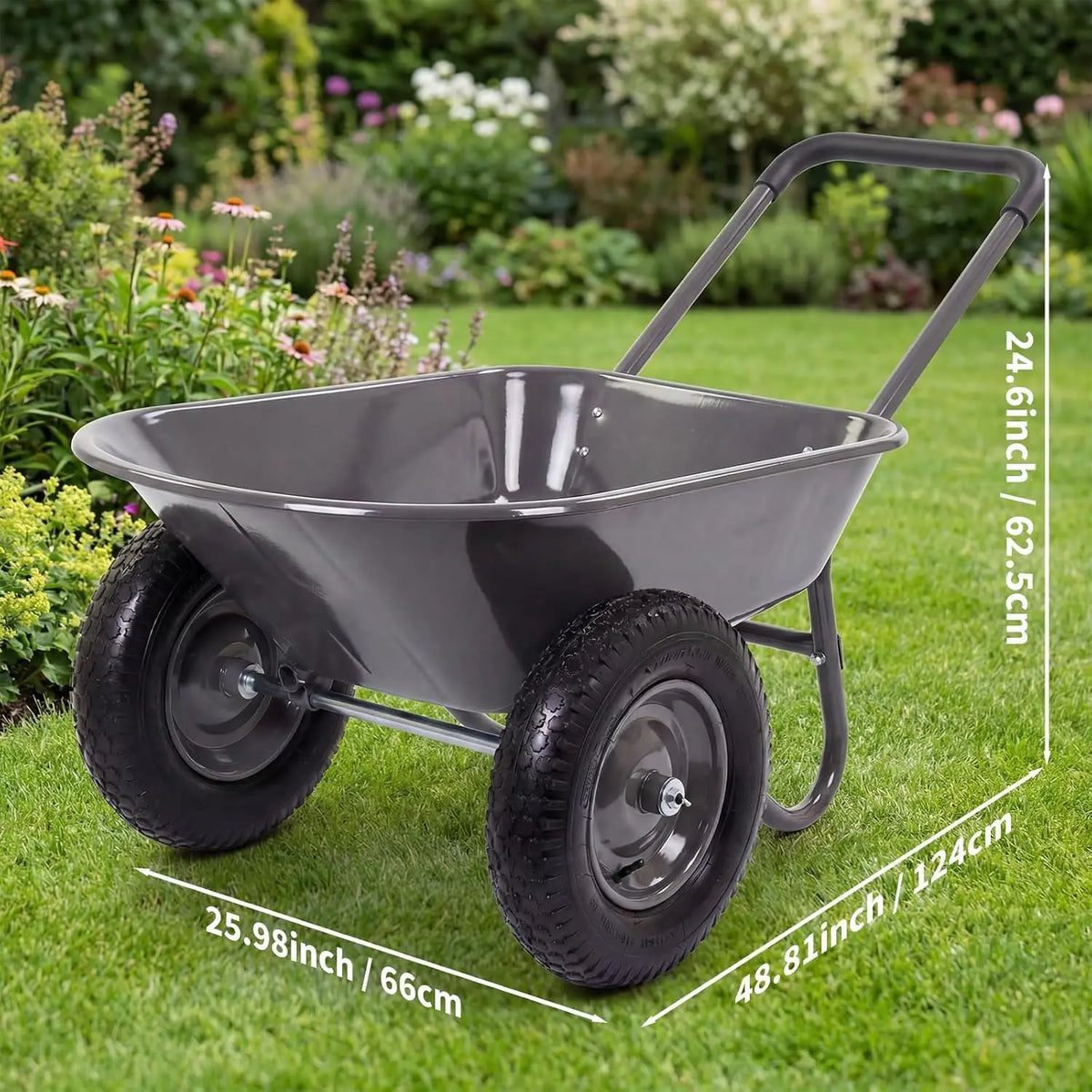 Tacleekii 600 Lbs Garden Wheelbarrow with All Terrain 2 Wheel Wagon Cart Steel Frame | Utility Heavy Duty Outdoor Garden Cart 2-Wheel Easy Unloading for Unloading for Garden Lawn Yard Farm
