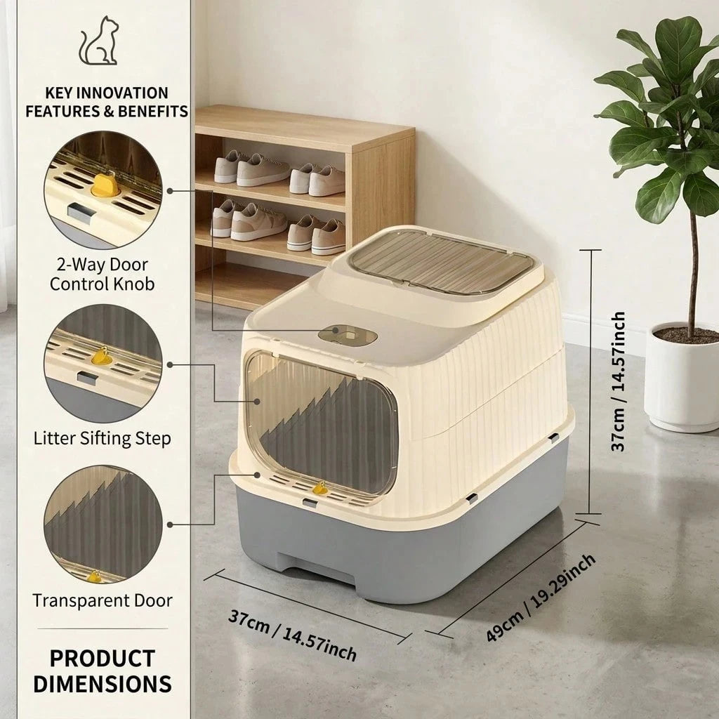 2 in 1 Fully Enclosed Cat Litter Box High Sided Anti-Splash, Detachable Pet Toilet With Lid And Door, Odor Control Deep Bottom Easy Clean For Indoor Cats