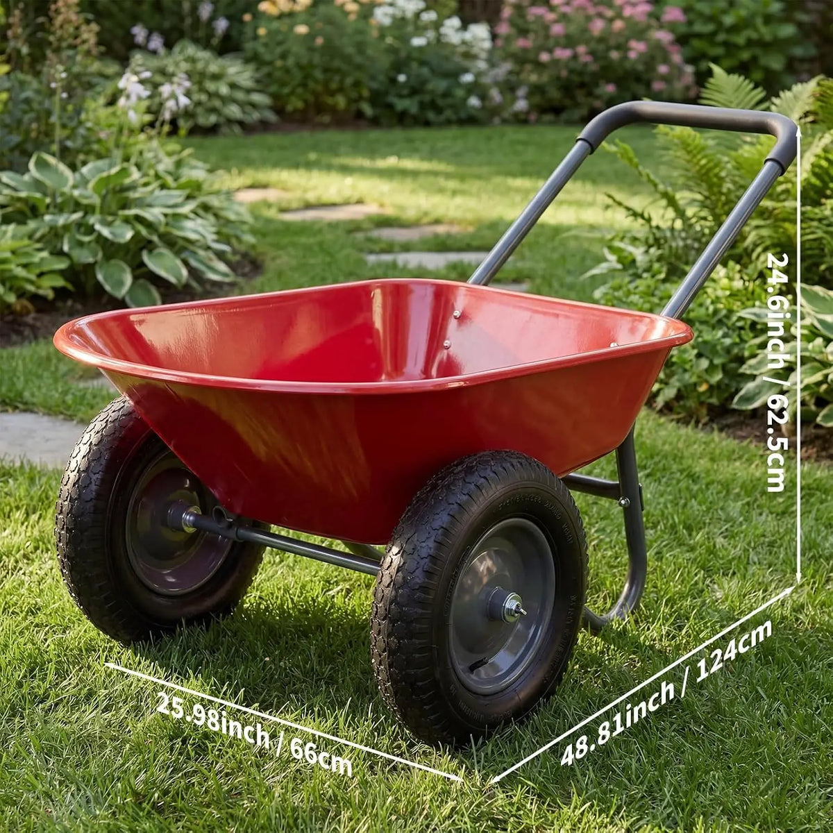 Tacleekii 600 Lbs Garden Wheelbarrow with All Terrain 2 Wheel Wagon Cart Steel Frame | Utility Heavy Duty Outdoor Garden Cart 2-Wheel Easy Unloading for Unloading for Garden Lawn Yard Farm