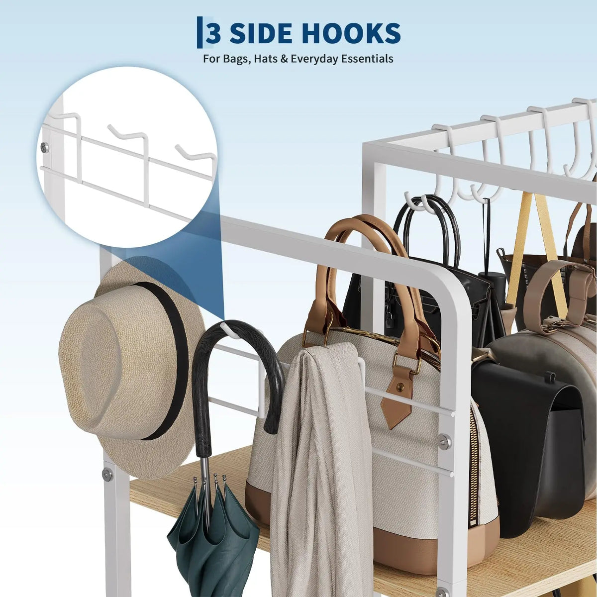 3 Tier Purse Organizer Rack For Closet With 20 Handbag Hangers, Side Hooks, Wheels And Wood Shelves For Bedroom Entryway Storage