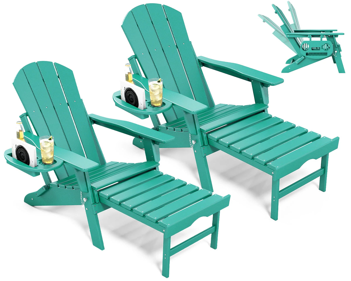 Adjustable Adirondack Chair with Retractable Ottoman, HDPE Outdoor Patio Chair with 3 Reclining Positions, Folding Garden Lounge Chair with Detachable Side Tray for Yard, Porch, Deck