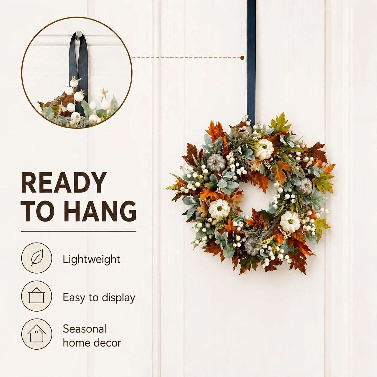 Artificial Peony And Pumpkin Farmhouse Wreath With Leaves And Berries