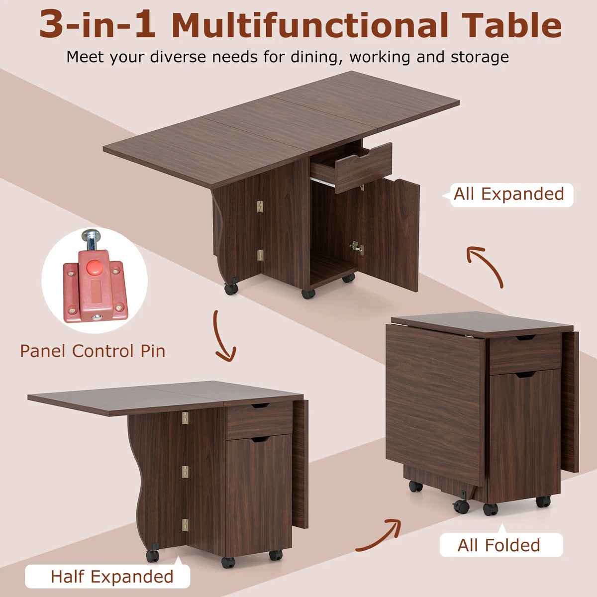 HOMASIS Folding Dining Table with Lockable Wheels, Drawers and Cabinets