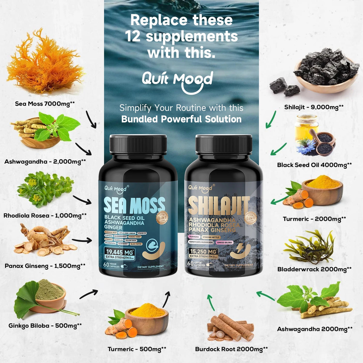 Shilajit 9000 Panax Ginseng 1500MG Ashwagandha 2000MG Rhodiola Rosea 1000MG, Turmeric 500MG, Gingko Biloba 500MG, Stinging Nettl