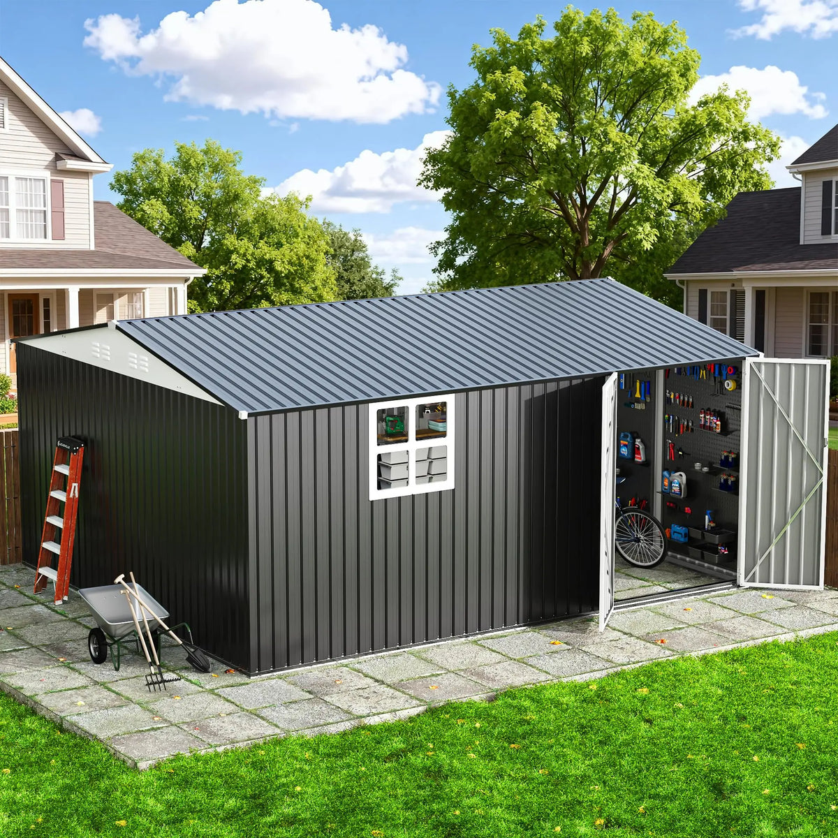 VIWAT 10x12~12x14 FT Outdoor Metal Storage Shed with Window, Lockable Garden Tool Shed, Heavy-Duty Frame, Backyard Patio Black
