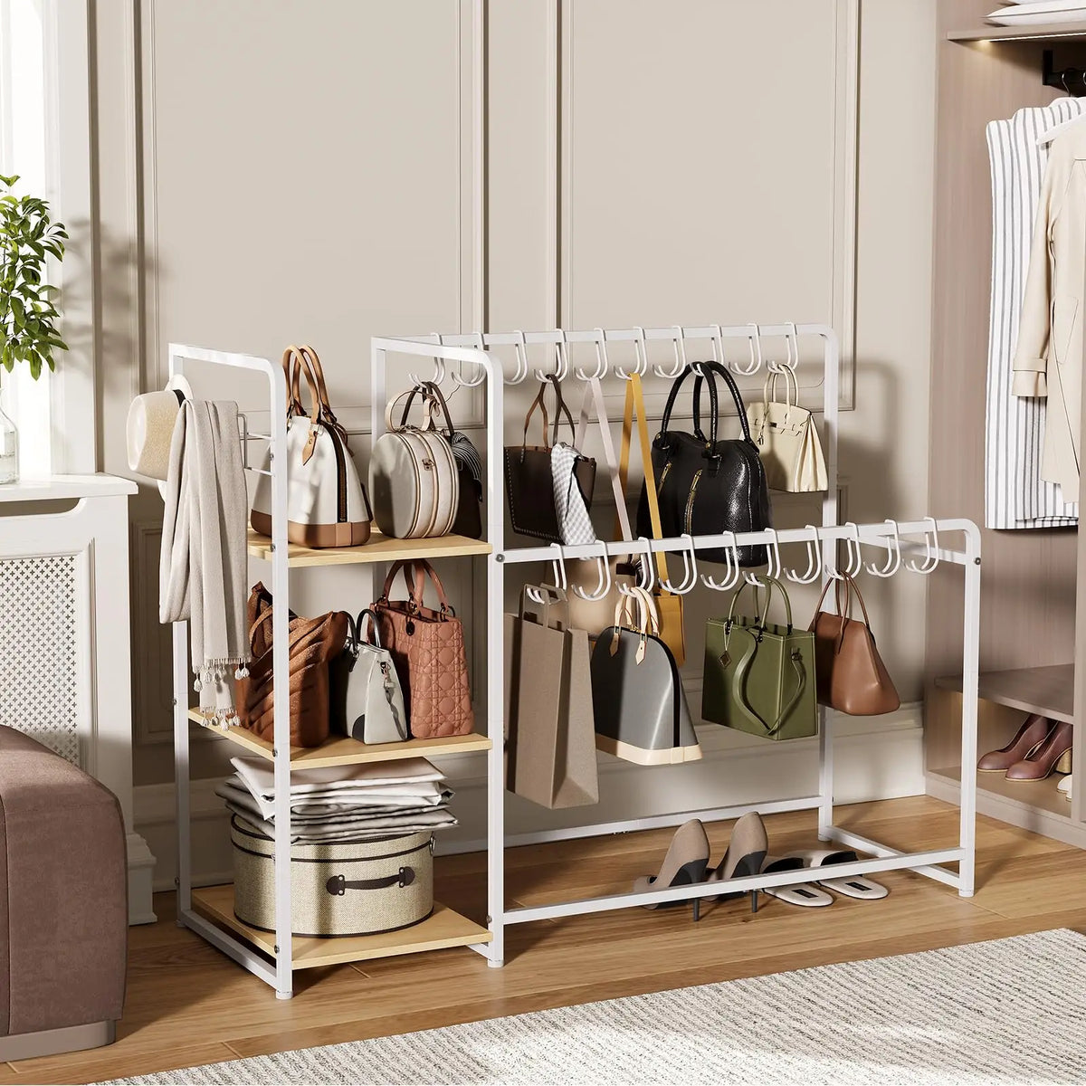 3 Tier Purse Organizer Rack For Closet With 20 Handbag Hangers, Side Hooks, Wheels And Wood Shelves For Bedroom Entryway Storage