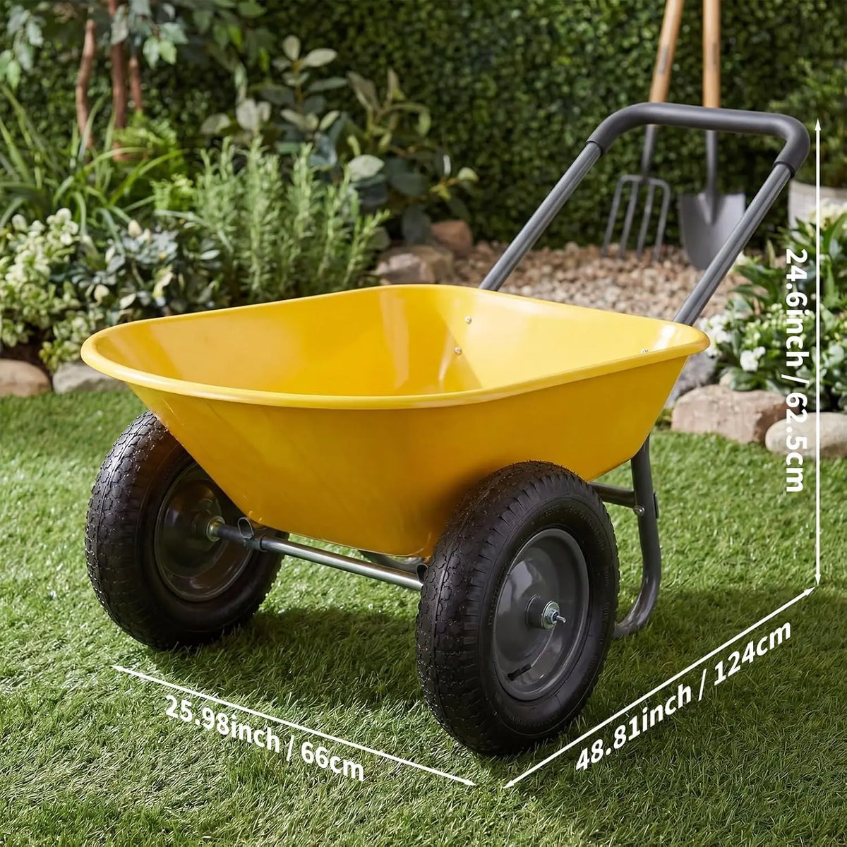 Tacleekii 600 Lbs Garden Wheelbarrow with All Terrain 2 Wheel Wagon Cart Steel Frame | Utility Heavy Duty Outdoor Garden Cart 2-Wheel Easy Unloading for Unloading for Garden Lawn Yard Farm