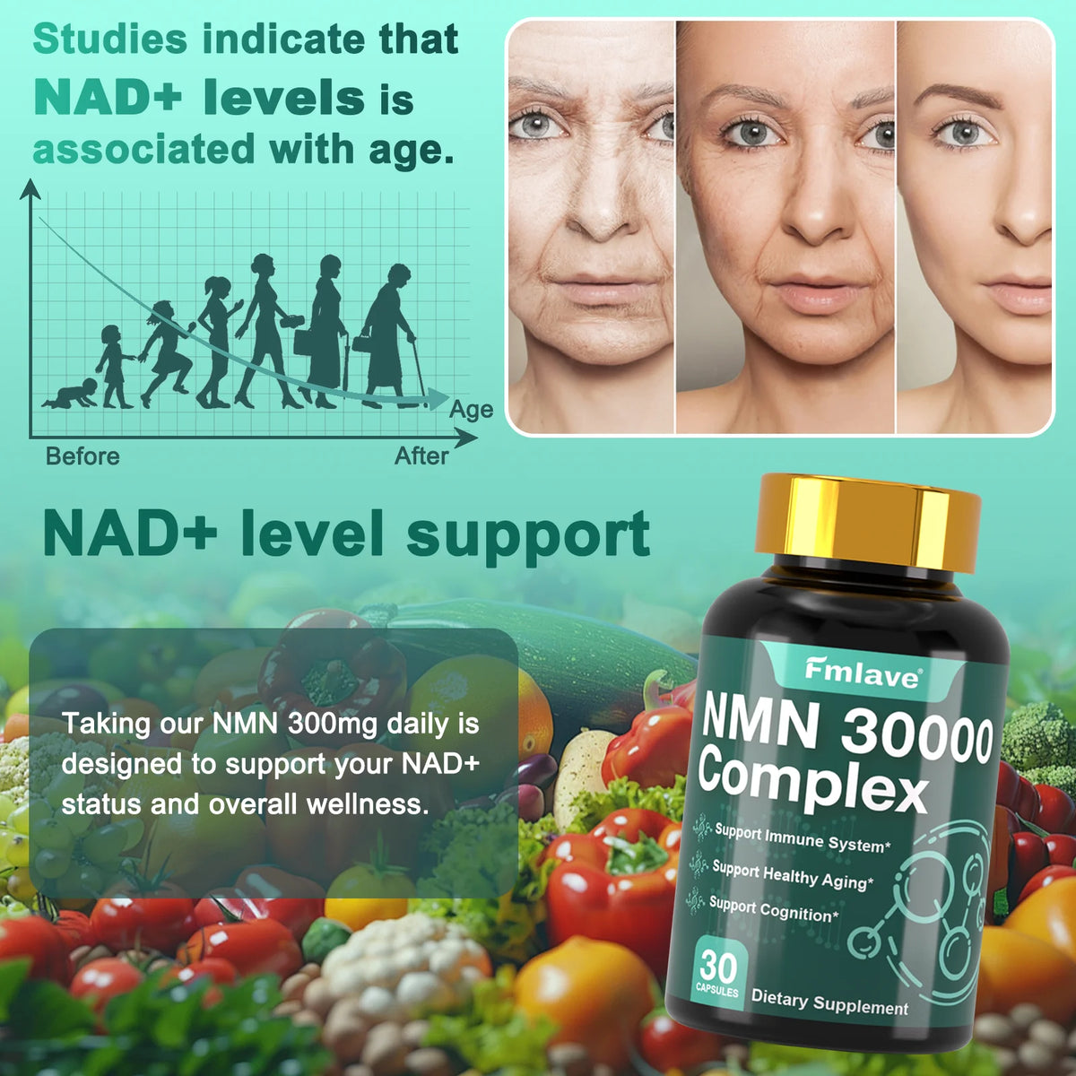 Fmlave NMN (Nicotinamide Mononucleotide) - 99% Pure | Ergothioneine 300mg,30 Servings, for Increased NR Levels & Healthy Aging