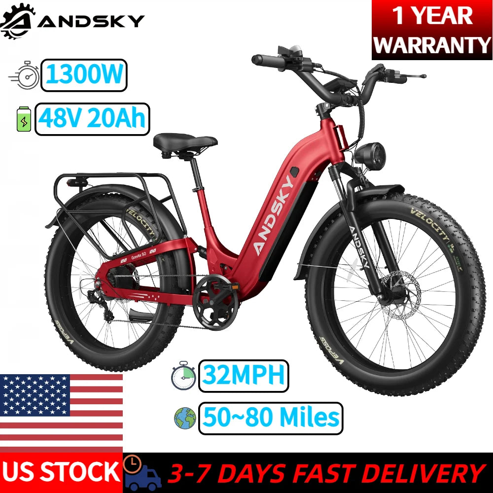 ANDSKY Gravita LS City Commuter Electric Bicycle 80Miles Long Range 48V 20AH Removable Battery 32MPH 1300W Motor 90Nm Powerful Torque Electric Bike for Adults E-bike with 6-Piece Kit