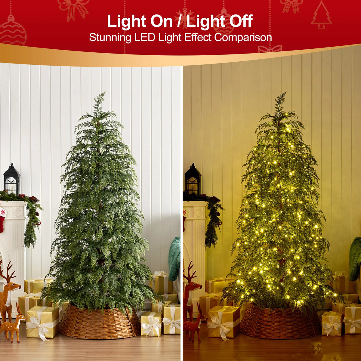 DR.PLANZEN Prelit Cypress Artificial Christmas Tree with Woven Basket Stand