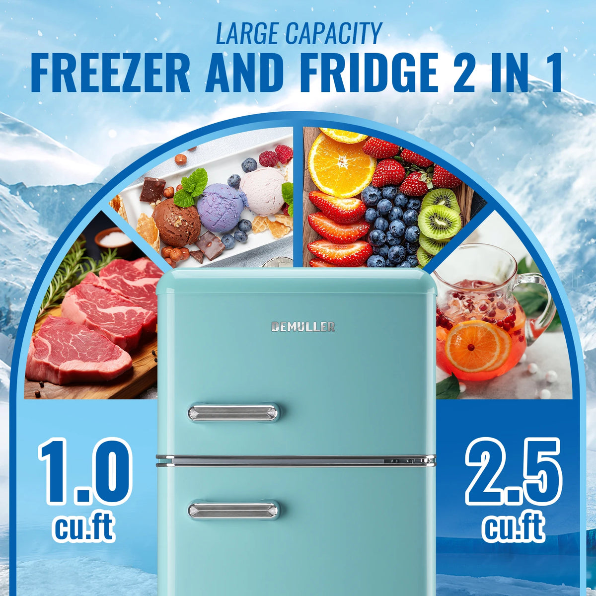 DEMULLER 3.5 Cu.ft Mini Fridge with Double Door Small Refrigerator Drinks Holder Apartment Size