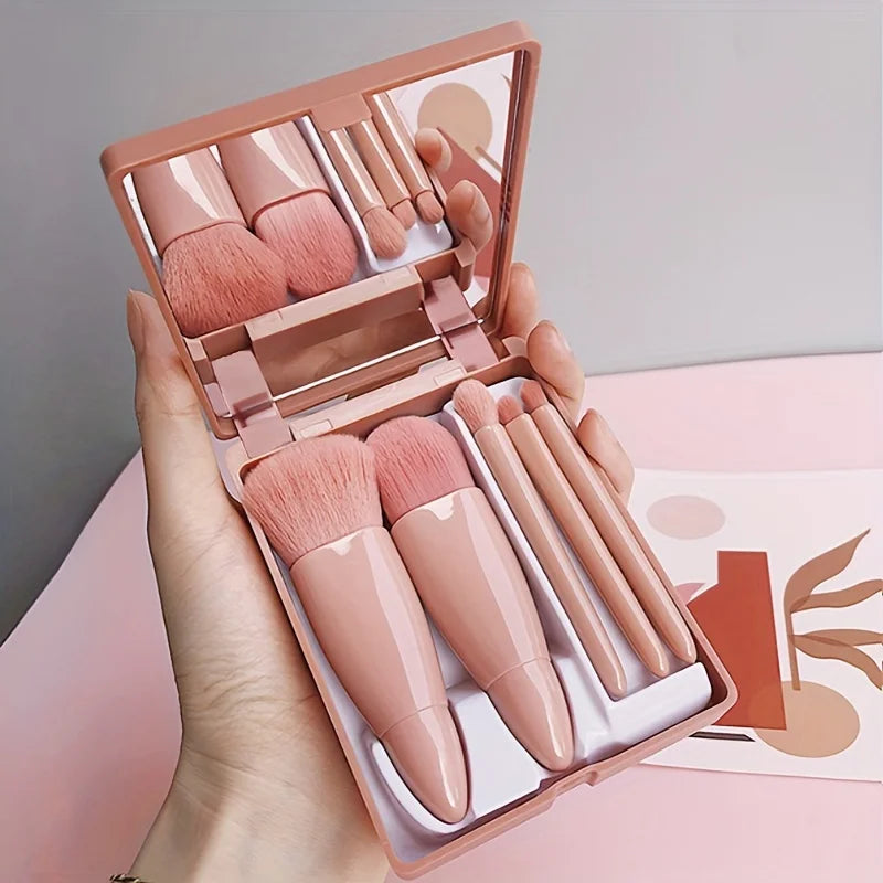 Portable Makeup Brush Set With Mirror For Travel Use
