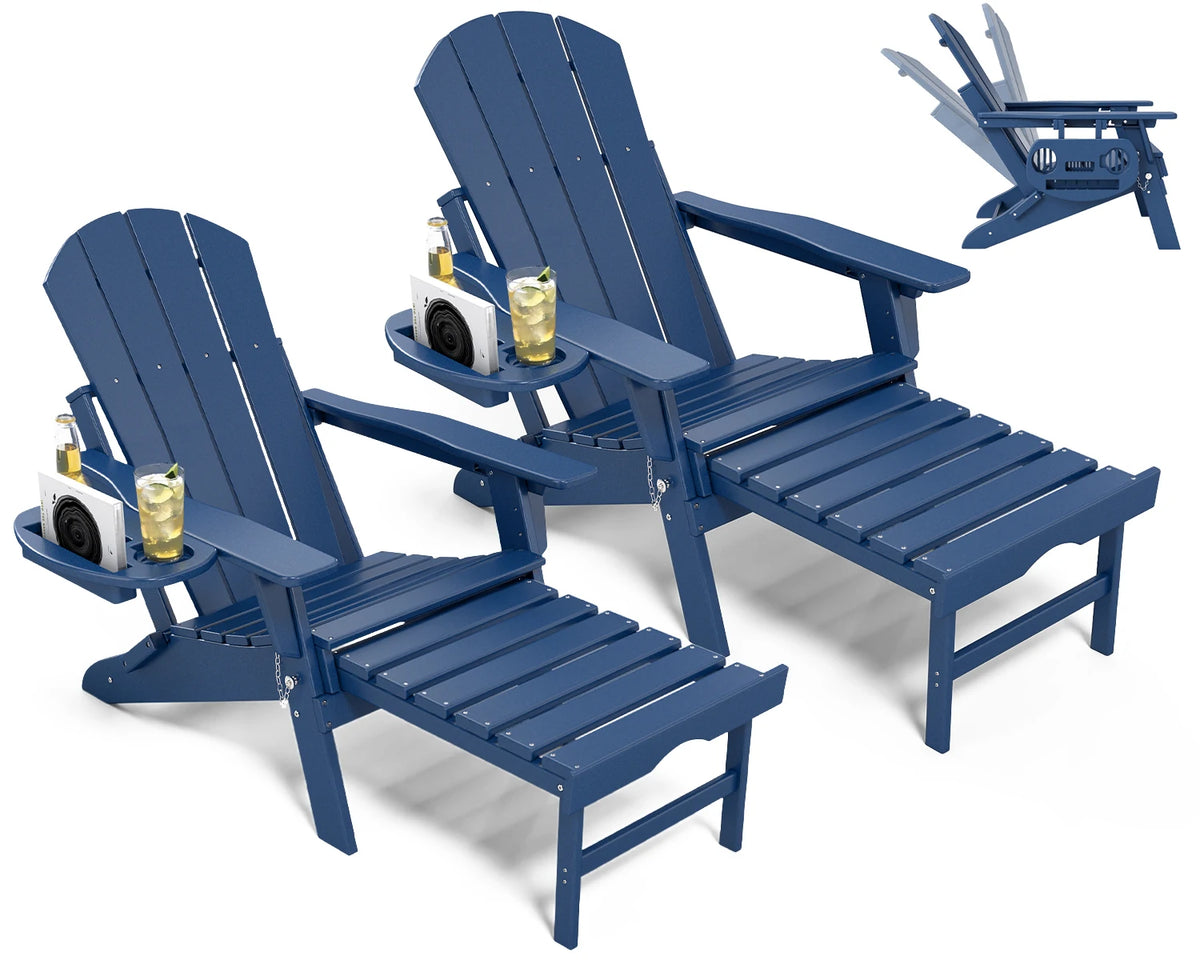 Adjustable Adirondack Chair with Retractable Ottoman, HDPE Outdoor Patio Chair with 3 Reclining Positions, Folding Garden Lounge Chair with Detachable Side Tray for Yard, Porch, Deck