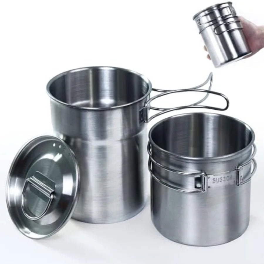 Foldable Stainless Steel Camping Cookware Set With Vented Lid