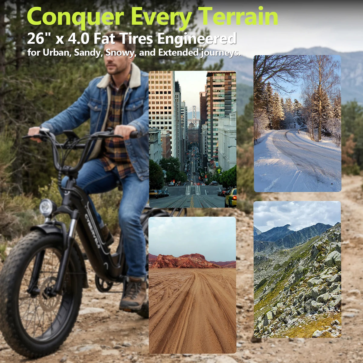 Cybervelo 26' Electric Bike Fat Tire 1000W Peak 48V 25Ah Long-lasting Removable Battery 7-Speed City Commute All-terrain E-Bike Adults EK10
