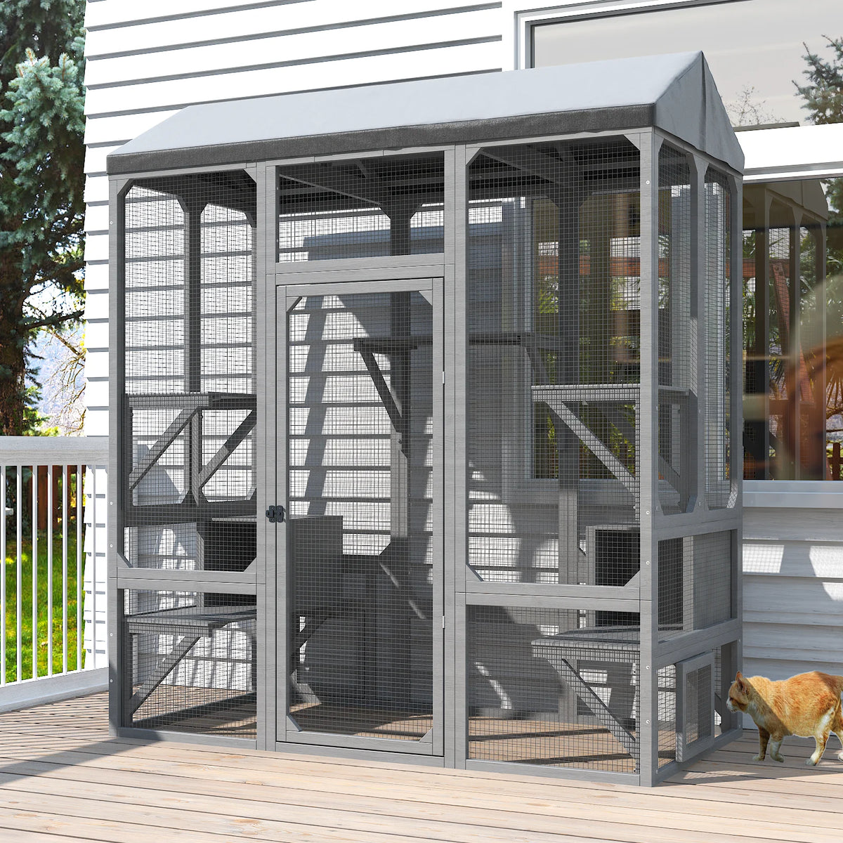 72" Large Catio Outdoor Cat Enclosure, Walk-in Cat Cage House for Multiple Indoor Outdoor Cats, Shelter with 7 Platforms & 2 Resting Boxes,Grey/Black