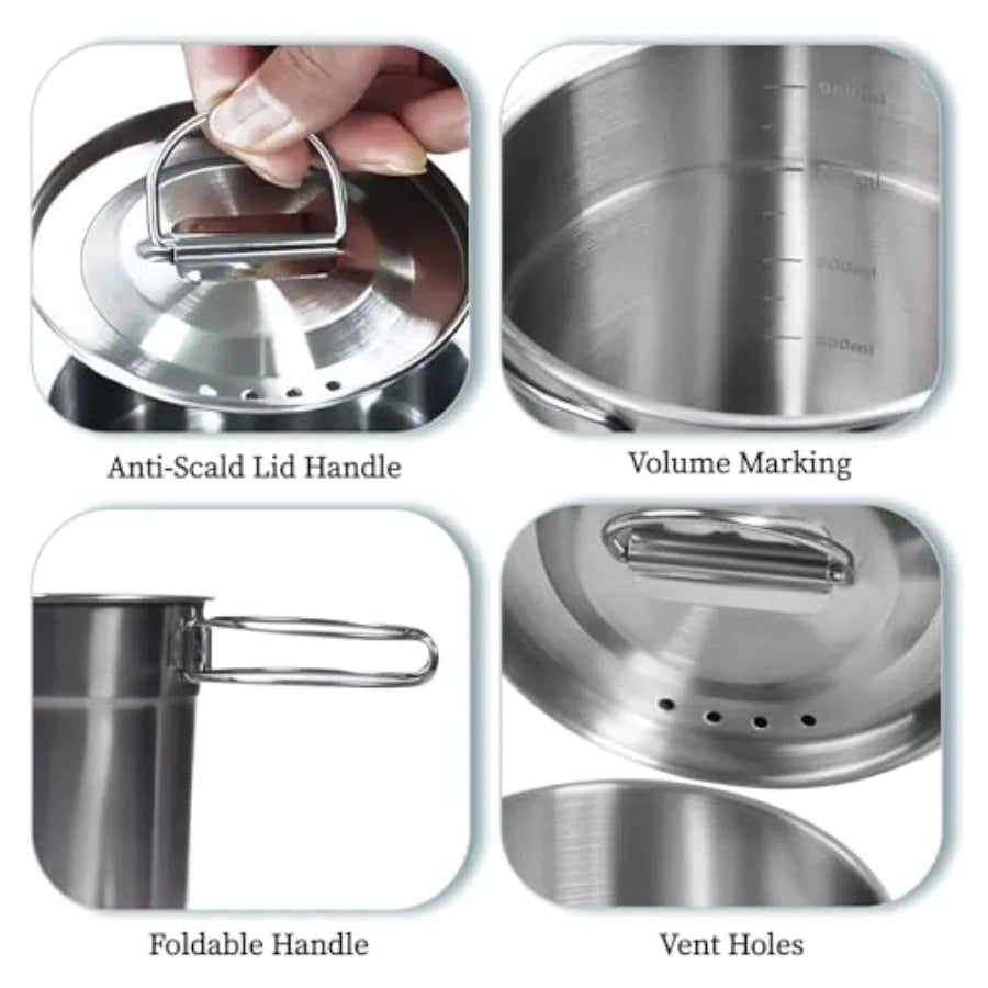 Foldable Stainless Steel Camping Cookware Set With Vented Lid