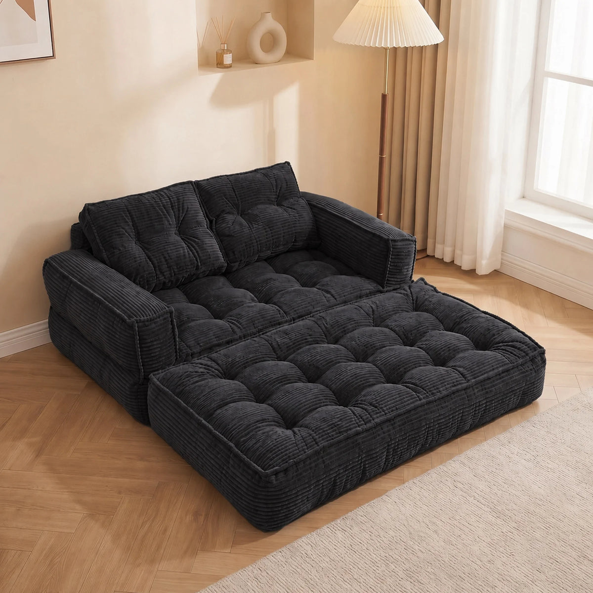 Modular Corduroy Convertible Floor Sofa With Chaise