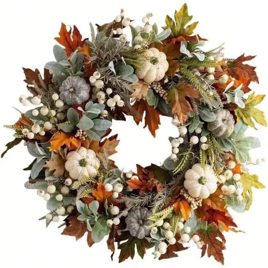 Autumn Harvest Wreath With Pumpkins, Pinecones, Maple Leaves And Berries
