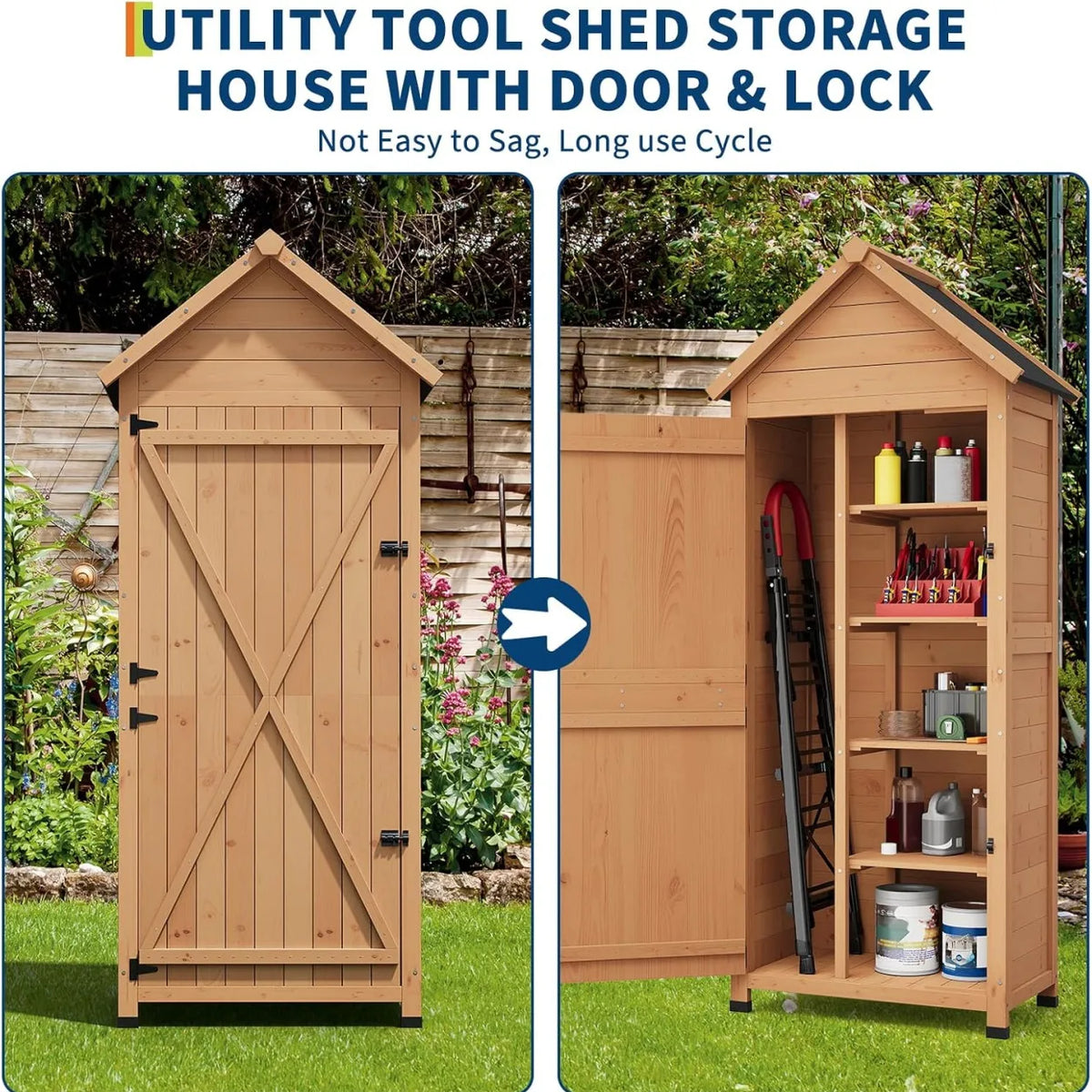 Outdoor Wooden Storage Cabinet Garden Tool Shed with Lockable Door Shelves Waterproof Sloped Roof Raised Base Vertical Organizer for Patio Backyard Yard Lawn Equipment and Garden Supplies