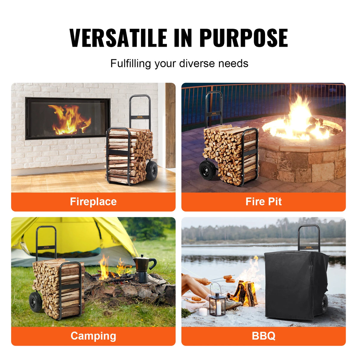 SucceBuy Firewood Log Cart Outdoor and Indoor Wood Rack Storage Mover with Wheels Heavy Duty Steel for Fireplace Fire Pit Black