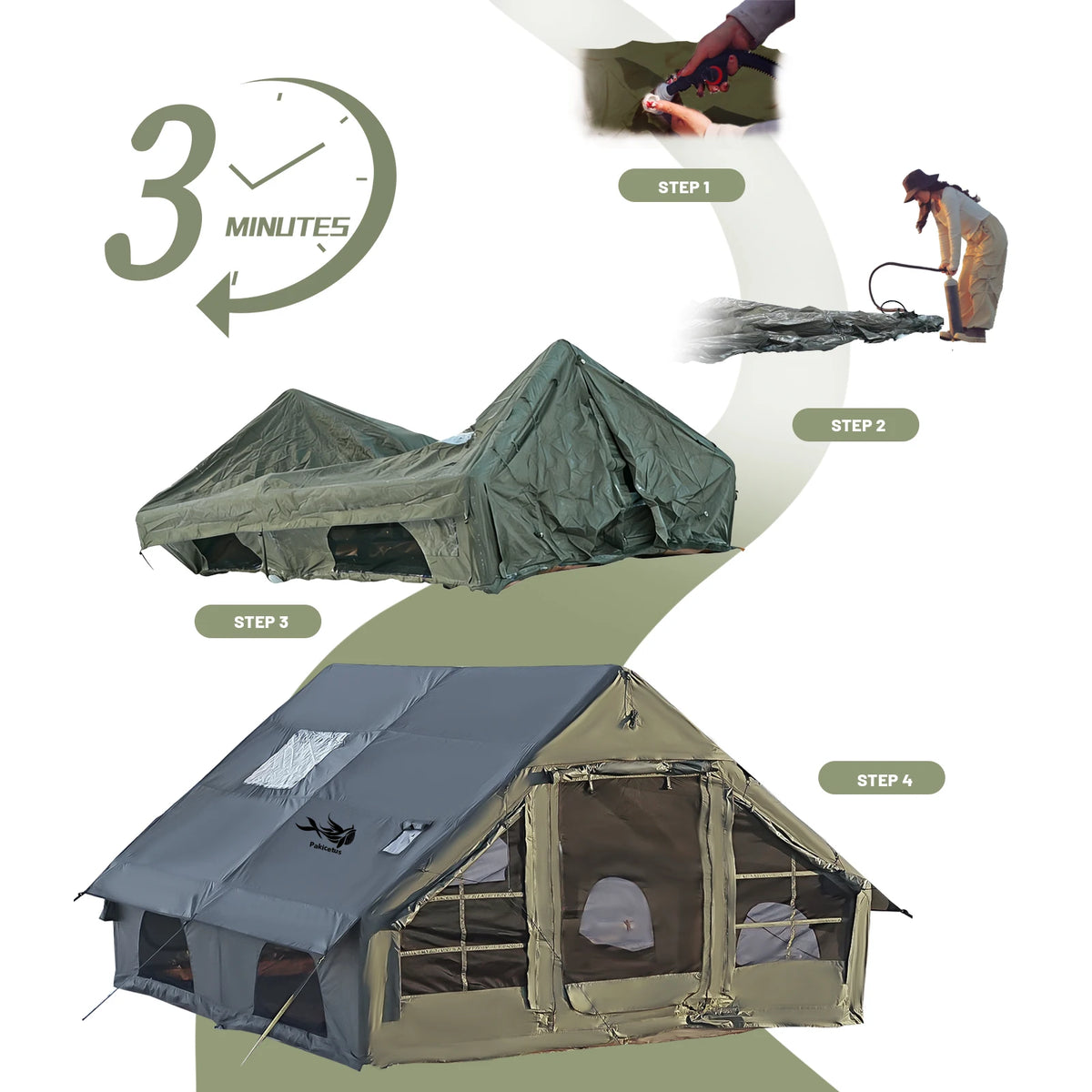 PAKICETUS 12㎡ Large‑Space Inflatable Camping Tent for 4‑8 Adults, 4‑Season Polyester Fabric Shelter, with Manual Hand Pump, for Family Camping, Hiking, Backyard & Outdoor Glamping Trips