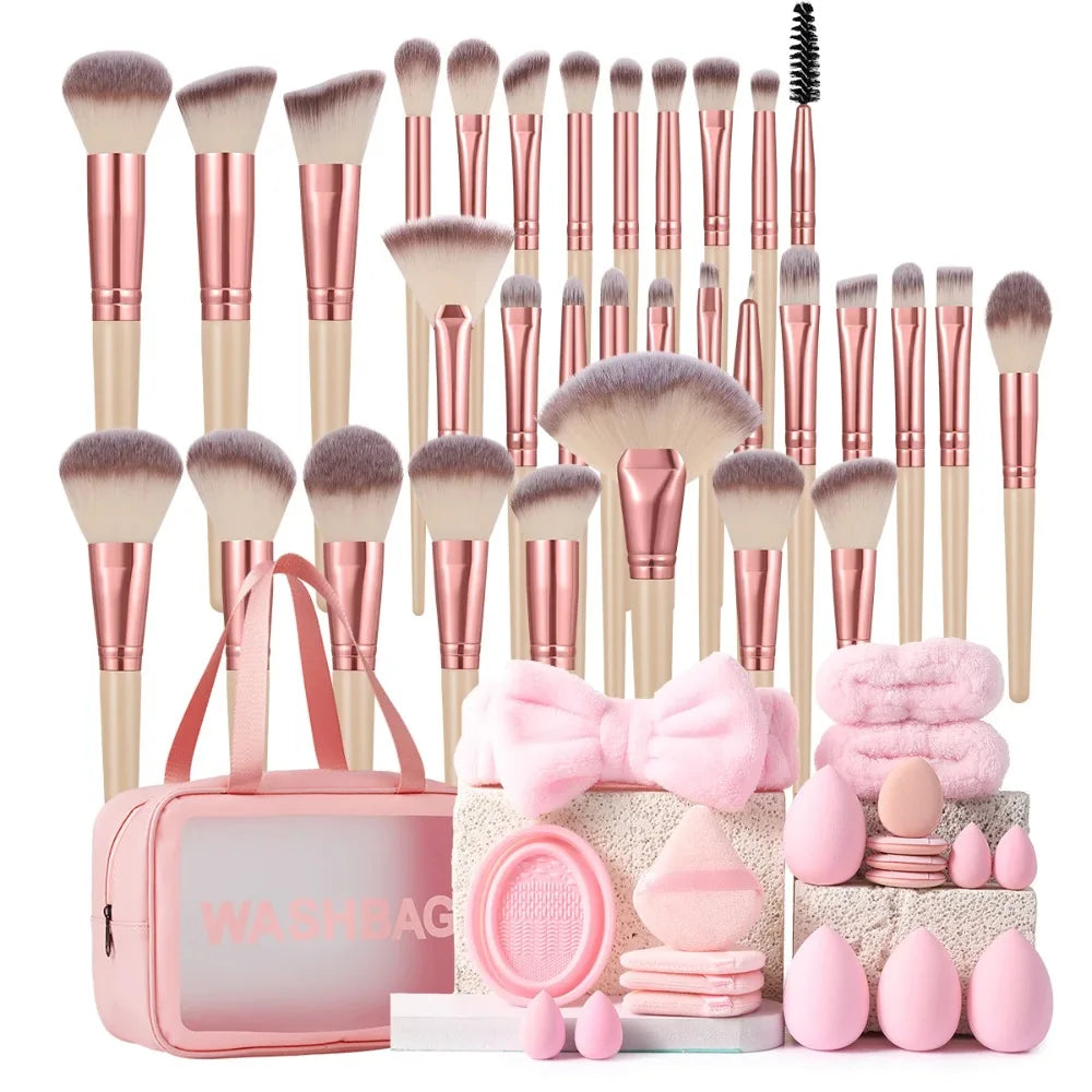 Complete Makeup Brush Set With Sponges, Puffs And Cosmetic Bag