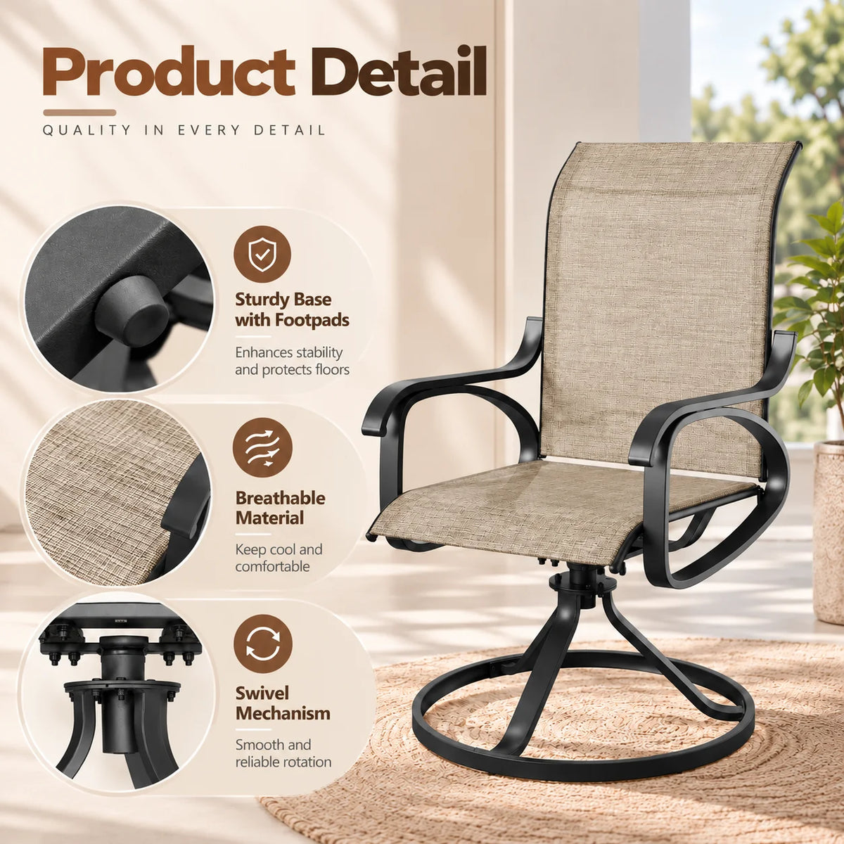 Patio Swivel Rocker Chairs Set of 2, Outdoor Dining Chairs Garden Chairs for Backyard Porch Deck