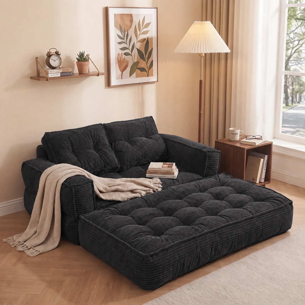 Modular Corduroy Convertible Floor Sofa With Chaise