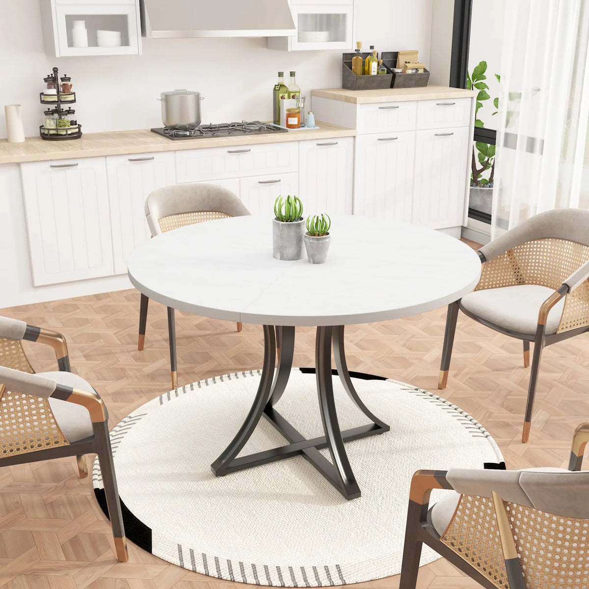 Modern Round Dining Table With Wooden Pedestal Base For Home