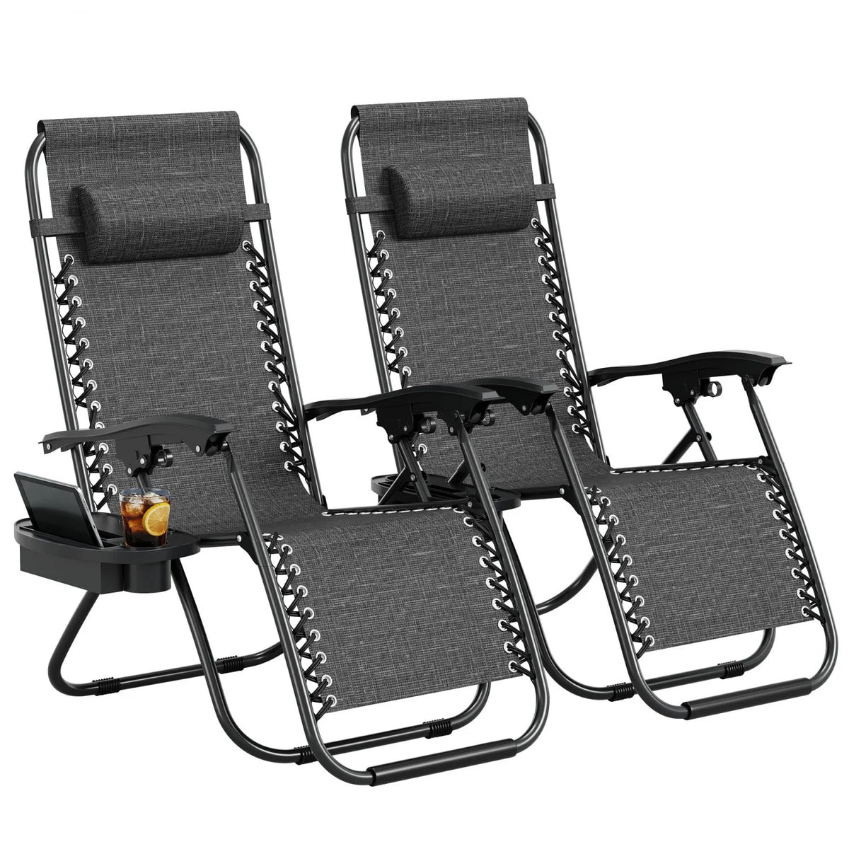 2 Pack Zero Gravity Chair with Cup Holder Tray and Pillow – Patio Lounge Chair, Adjustable Reclining Chair, Portable Folding Outdoor Camping Chairs for Deck, Beach, Yard, Garden