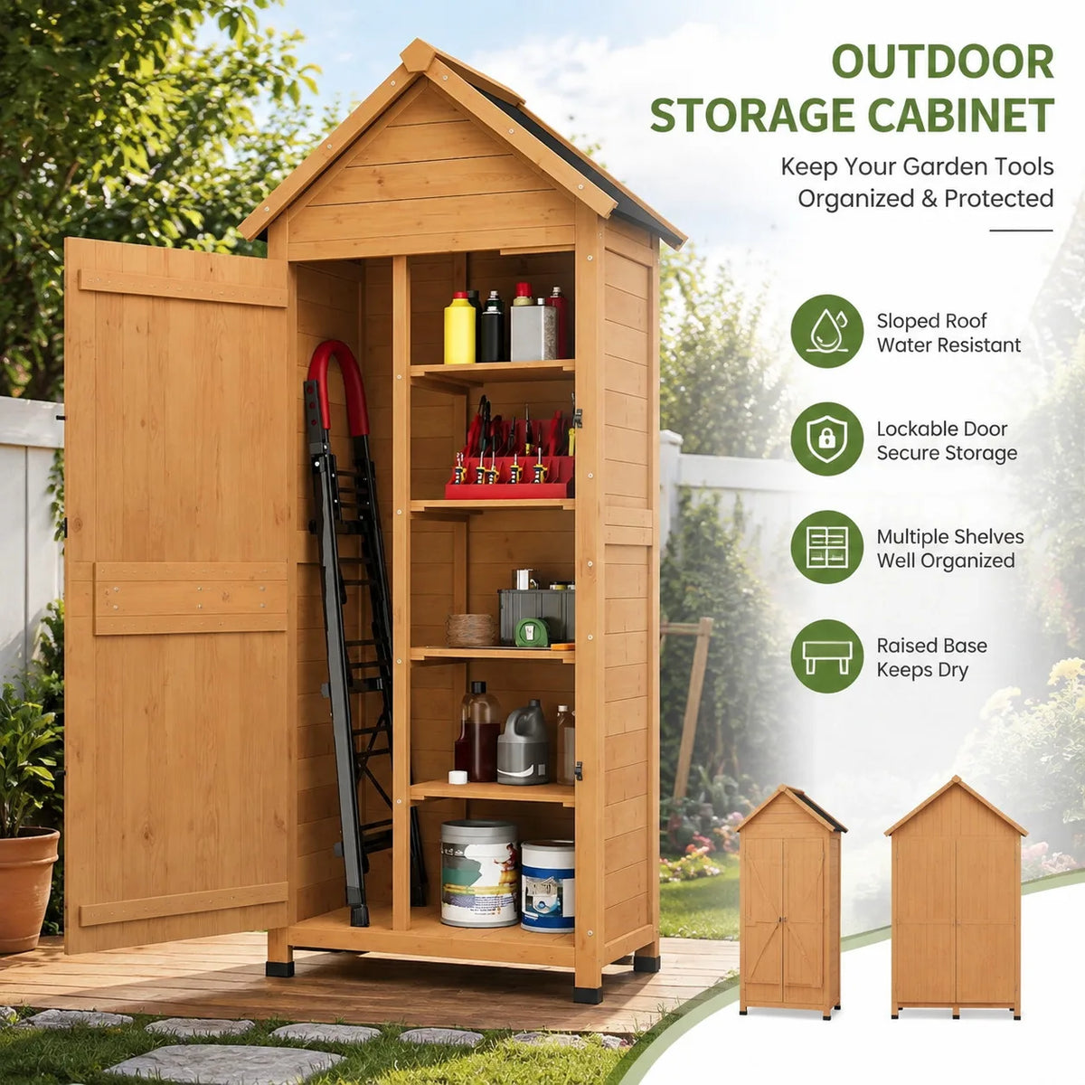 Outdoor Wooden Storage Cabinet Garden Tool Shed with Lockable Door Shelves Waterproof Sloped Roof Raised Base Vertical Organizer for Patio Backyard Yard Lawn Equipment and Garden Supplies