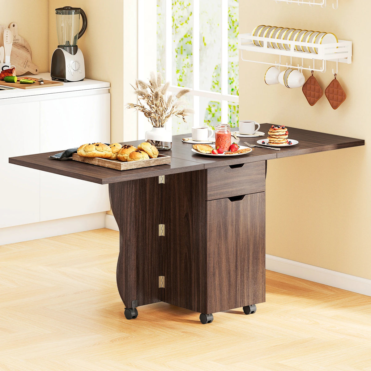 HOMASIS Folding Dining Table with Lockable Wheels, Drawers and Cabinets