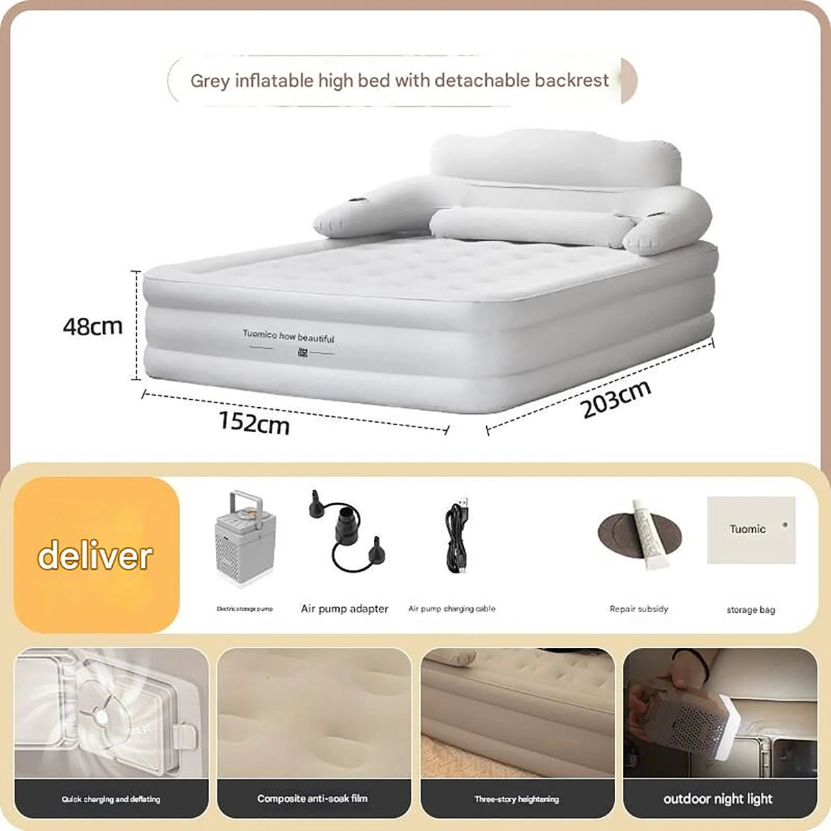 2 Person Built-In Pump Camping Mattress PVC Automatic Inflatable Increased Height Thickened Indoor Outdoor Lazy Sleeping Mat Bed