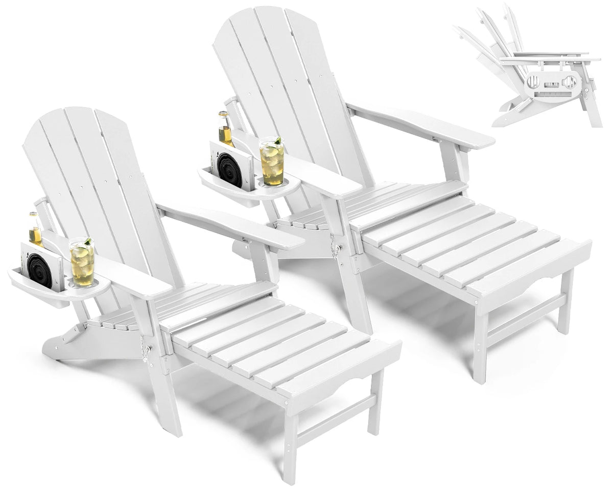 Adjustable Adirondack Chair with Retractable Ottoman, HDPE Outdoor Patio Chair with 3 Reclining Positions, Folding Garden Lounge Chair with Detachable Side Tray for Yard, Porch, Deck