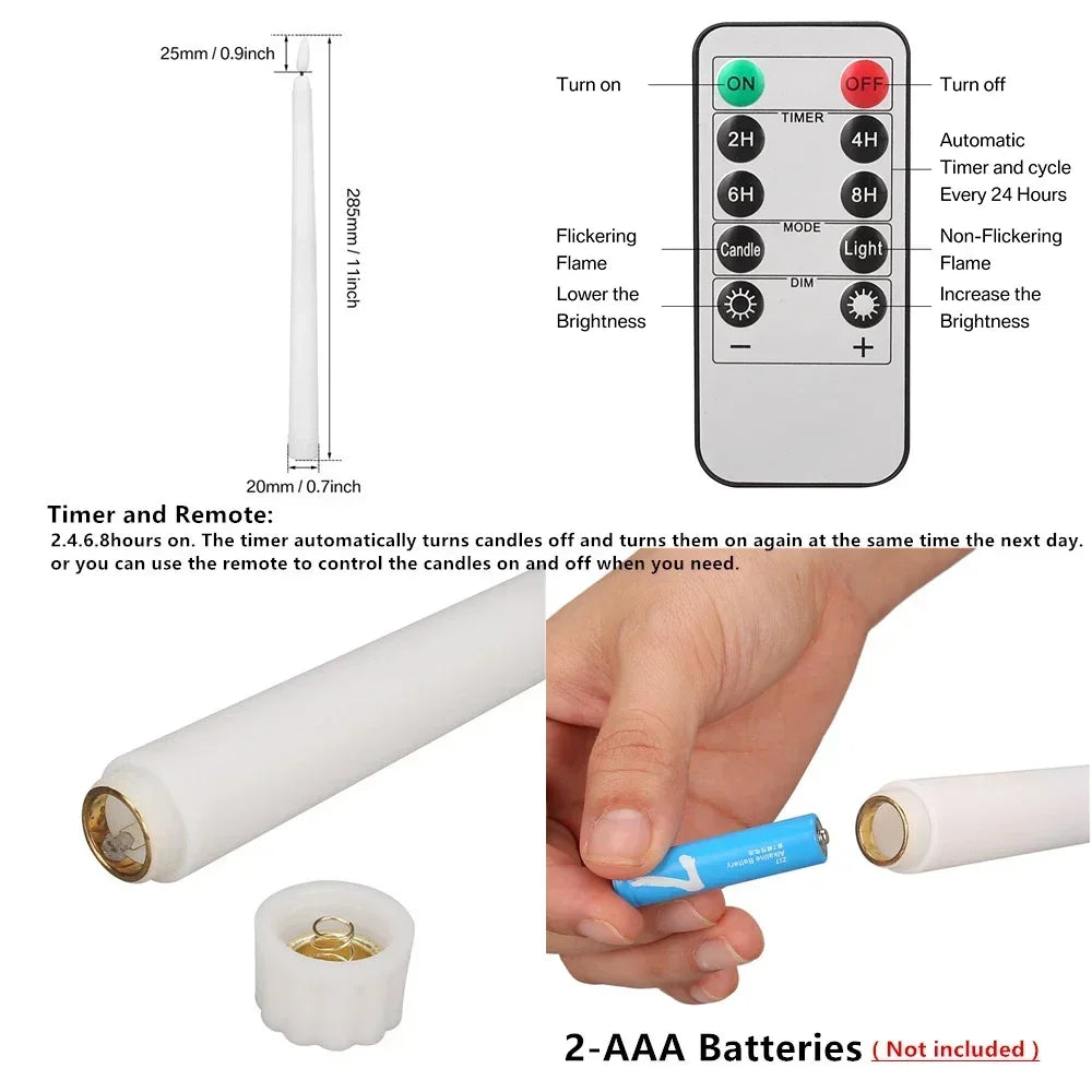 Remote Control Flameless Taper Candles With Flickering LED Light